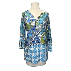 Sundance Before + Again Womens Banda Top Long Sleeve Large Blue Geometric‎ Green